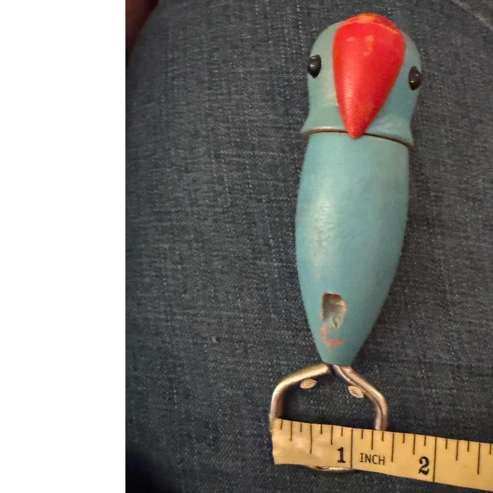 Vtg 60 Wooden Parrot Corkscrew Bottle Kitschy Opener Blue Painted Bird Bar Tool